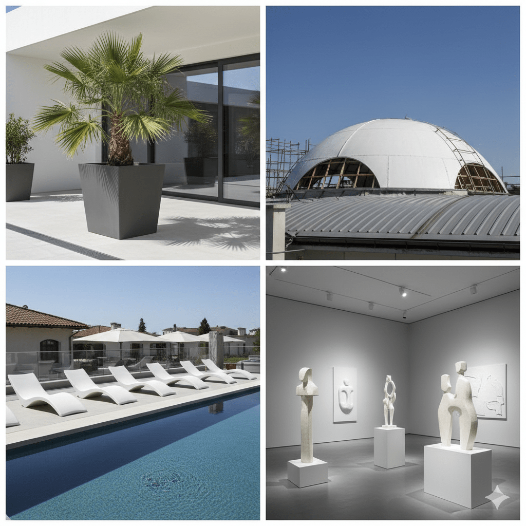 Antalya fiberglass saksı, mimari kubbe ve modern şezlong modelleri koleksiyonu.