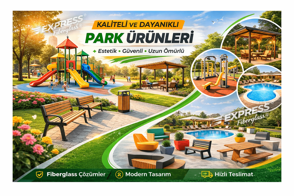 Antalya Express Fiberglass park ürünleri ve polyester oturma gruplarını gösteren renkli, modern ve estetik dijital tanıtım